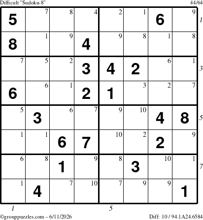 The grouppuzzles.com Difficult Sudoku-8 puzzle for Thursday June 11, 2026, suitable for printing, with all 10 steps marked