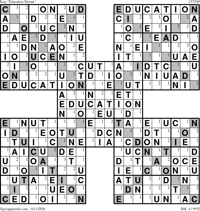 The grouppuzzles.com Easy Education-Xtreme puzzle for Thursday June 11, 2026 with the first 3 steps marked