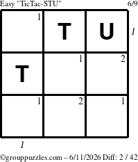 The grouppuzzles.com Easy TicTac-STU puzzle for Thursday June 11, 2026 with all 2 steps marked