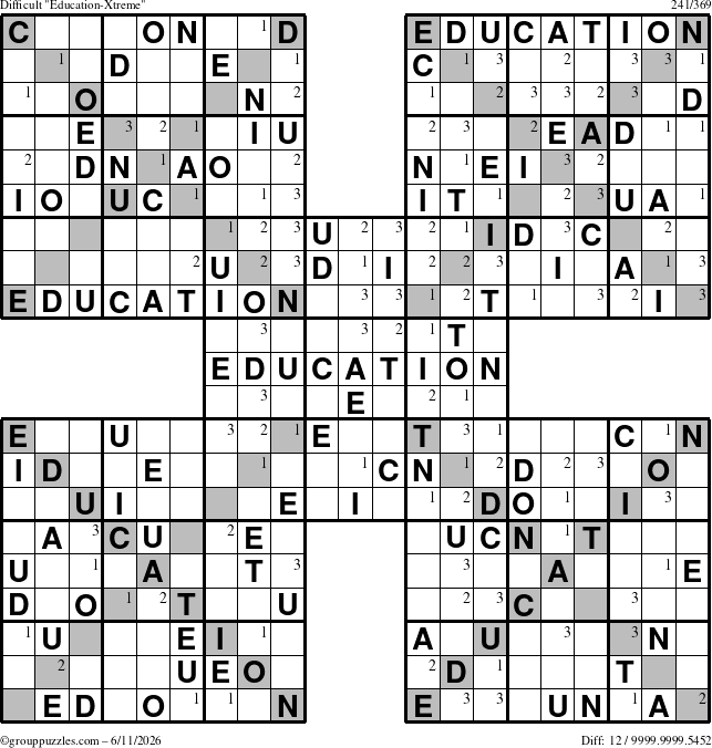 The grouppuzzles.com Difficult Education-Xtreme puzzle for Thursday June 11, 2026 with the first 3 steps marked