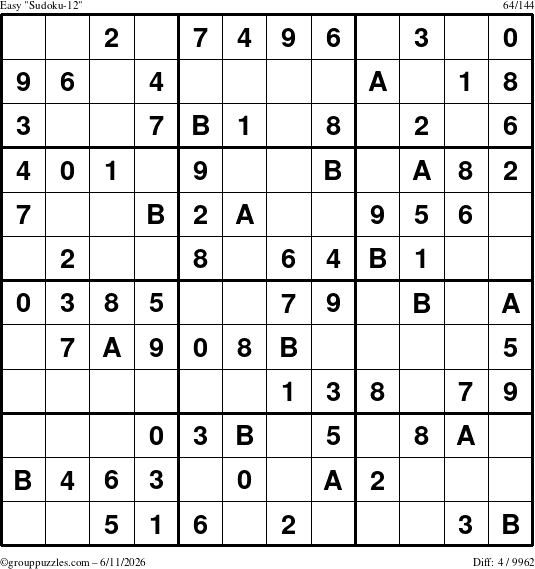 The grouppuzzles.com Easy Sudoku-12 puzzle for Thursday June 11, 2026