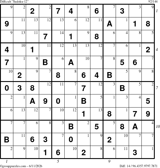 The grouppuzzles.com Difficult Sudoku-12 puzzle for Thursday June 11, 2026, suitable for printing, with all 14 steps marked