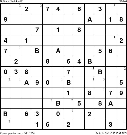The grouppuzzles.com Difficult Sudoku-12 puzzle for Thursday June 11, 2026 with the first 3 steps marked