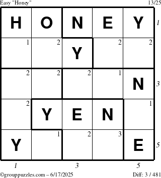 The grouppuzzles.com Easy Honey puzzle for Tuesday June 17, 2025 with all 3 steps marked