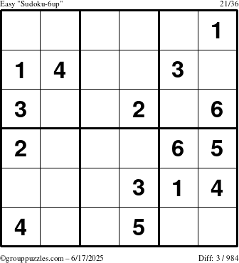 The grouppuzzles.com Easy Sudoku-6up puzzle for Tuesday June 17, 2025
