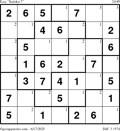 The grouppuzzles.com Easy Sudoku-7 puzzle for Tuesday June 17, 2025 with the first 3 steps marked