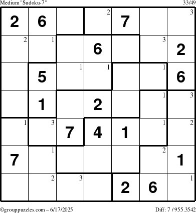 The grouppuzzles.com Medium Sudoku-7 puzzle for Tuesday June 17, 2025 with the first 3 steps marked