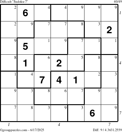 The grouppuzzles.com Difficult Sudoku-7 puzzle for Tuesday June 17, 2025, suitable for printing, with all 9 steps marked