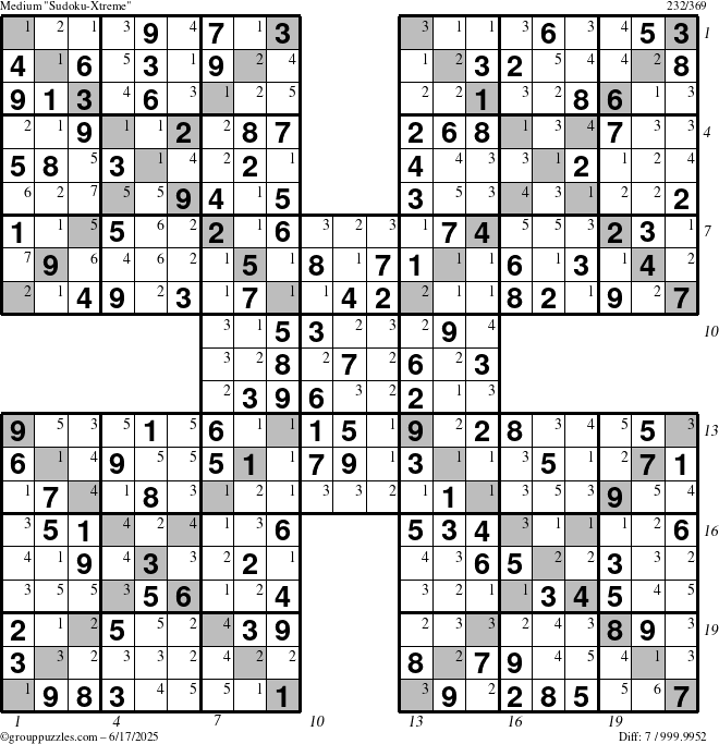 The grouppuzzles.com Medium Sudoku-Xtreme puzzle for Tuesday June 17, 2025 with all 7 steps marked