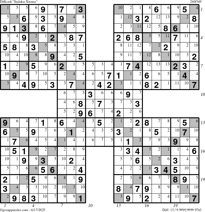 The grouppuzzles.com Difficult Sudoku-Xtreme puzzle for Tuesday June 17, 2025, suitable for printing, with all 13 steps marked