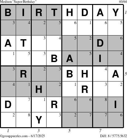 The grouppuzzles.com Medium Super-Birthday puzzle for Tuesday June 17, 2025 with all 8 steps marked
