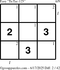 The grouppuzzles.com Easy TicTac-123 puzzle for Tuesday June 17, 2025, suitable for printing, with all 2 steps marked