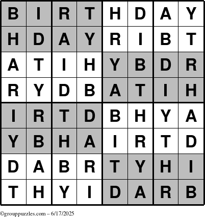 The grouppuzzles.com Answer grid for the Super-Birthday puzzle for Tuesday June 17, 2025