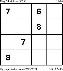 The grouppuzzles.com Easy Sudoku-4-5678 puzzle for Monday July 15, 2024