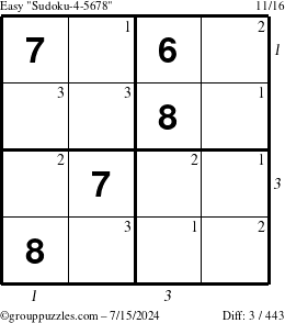 The grouppuzzles.com Easy Sudoku-4-5678 puzzle for Monday July 15, 2024 with all 3 steps marked