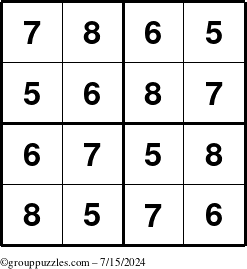 The grouppuzzles.com Answer grid for the Sudoku-4-5678 puzzle for Monday July 15, 2024