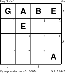 The grouppuzzles.com Easy Gabe puzzle for Monday July 15, 2024 with all 3 steps marked