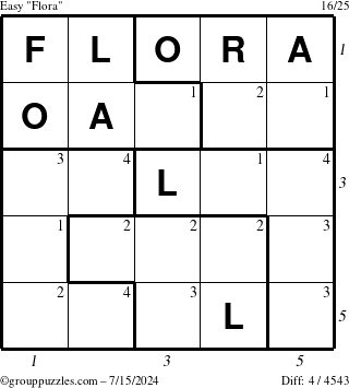 The grouppuzzles.com Easy Flora puzzle for Monday July 15, 2024 with all 4 steps marked