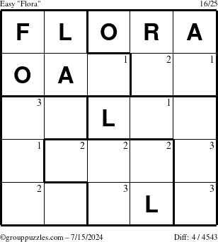 The grouppuzzles.com Easy Flora puzzle for Monday July 15, 2024 with the first 3 steps marked