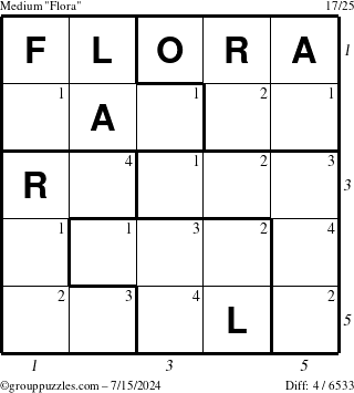 The grouppuzzles.com Medium Flora puzzle for Monday July 15, 2024 with all 4 steps marked