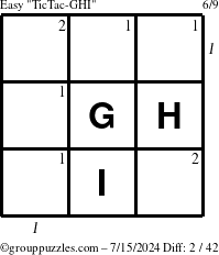 The grouppuzzles.com Easy TicTac-GHI puzzle for Monday July 15, 2024, suitable for printing, with all 2 steps marked