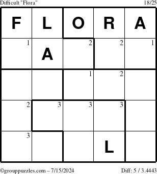 The grouppuzzles.com Difficult Flora puzzle for Monday July 15, 2024 with the first 3 steps marked