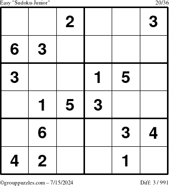 The grouppuzzles.com Easy Sudoku-Junior puzzle for Monday July 15, 2024