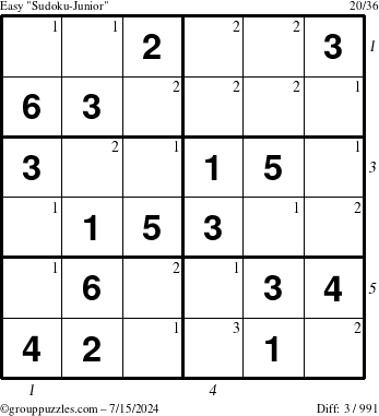 The grouppuzzles.com Easy Sudoku-Junior puzzle for Monday July 15, 2024 with all 3 steps marked