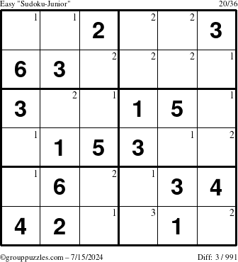 The grouppuzzles.com Easy Sudoku-Junior puzzle for Monday July 15, 2024 with the first 3 steps marked