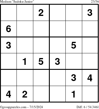 The grouppuzzles.com Medium Sudoku-Junior puzzle for Monday July 15, 2024