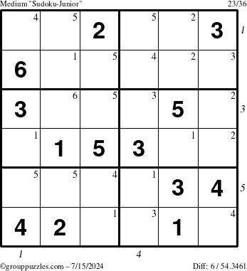 The grouppuzzles.com Medium Sudoku-Junior puzzle for Monday July 15, 2024 with all 6 steps marked