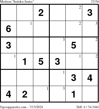 The grouppuzzles.com Medium Sudoku-Junior puzzle for Monday July 15, 2024 with the first 3 steps marked