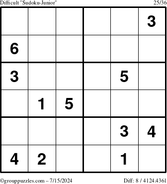 The grouppuzzles.com Difficult Sudoku-Junior puzzle for Monday July 15, 2024