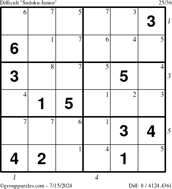 The grouppuzzles.com Difficult Sudoku-Junior puzzle for Monday July 15, 2024 with all 8 steps marked