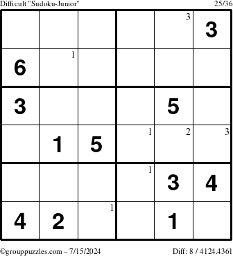 The grouppuzzles.com Difficult Sudoku-Junior puzzle for Monday July 15, 2024 with the first 3 steps marked