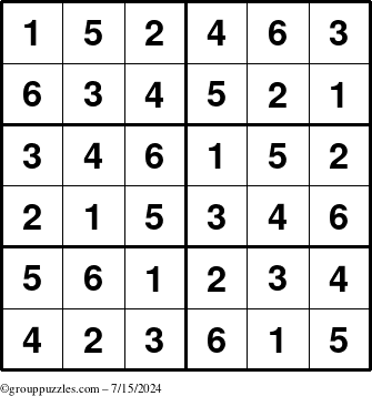 The grouppuzzles.com Answer grid for the Sudoku-Junior puzzle for Monday July 15, 2024