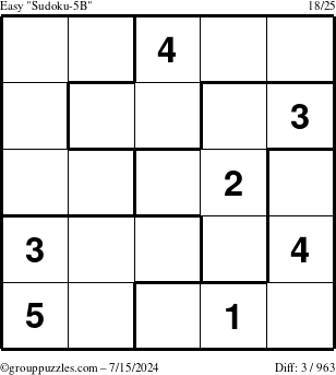 The grouppuzzles.com Easy Sudoku-5B puzzle for Monday July 15, 2024