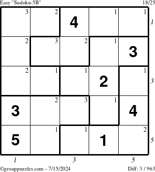 The grouppuzzles.com Easy Sudoku-5B puzzle for Monday July 15, 2024 with all 3 steps marked