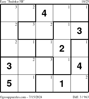 The grouppuzzles.com Easy Sudoku-5B puzzle for Monday July 15, 2024 with the first 3 steps marked