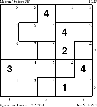 The grouppuzzles.com Medium Sudoku-5B puzzle for Monday July 15, 2024 with all 5 steps marked