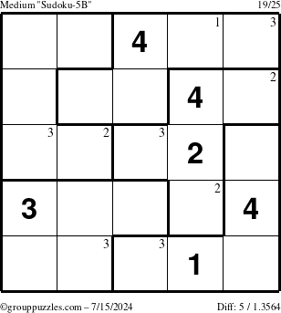 The grouppuzzles.com Medium Sudoku-5B puzzle for Monday July 15, 2024 with the first 3 steps marked