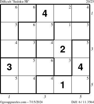 The grouppuzzles.com Difficult Sudoku-5B puzzle for Monday July 15, 2024 with all 6 steps marked