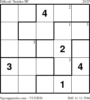 The grouppuzzles.com Difficult Sudoku-5B puzzle for Monday July 15, 2024 with the first 3 steps marked