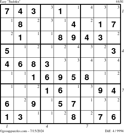 The grouppuzzles.com Easy Sudoku puzzle for Monday July 15, 2024 with all 4 steps marked