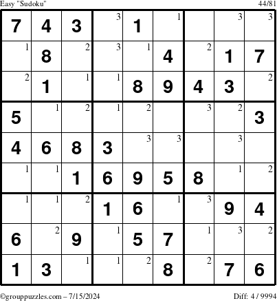 The grouppuzzles.com Easy Sudoku puzzle for Monday July 15, 2024 with the first 3 steps marked