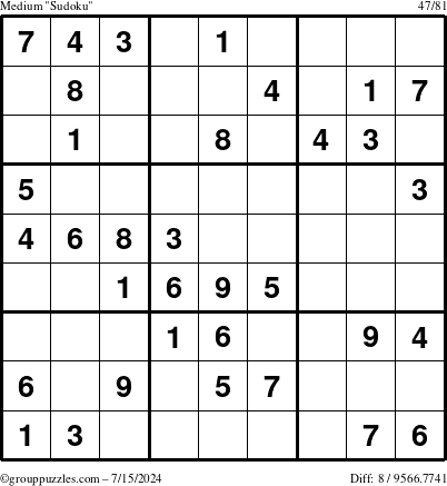 The grouppuzzles.com Medium Sudoku puzzle for Monday July 15, 2024