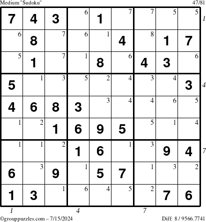 The grouppuzzles.com Medium Sudoku puzzle for Monday July 15, 2024, suitable for printing, with all 8 steps marked