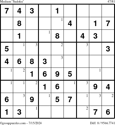 The grouppuzzles.com Medium Sudoku puzzle for Monday July 15, 2024 with the first 3 steps marked