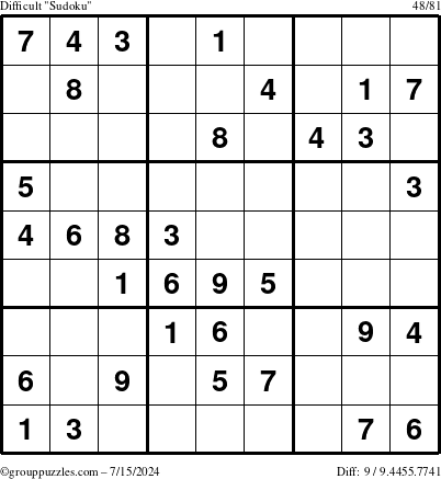 The grouppuzzles.com Difficult Sudoku puzzle for Monday July 15, 2024