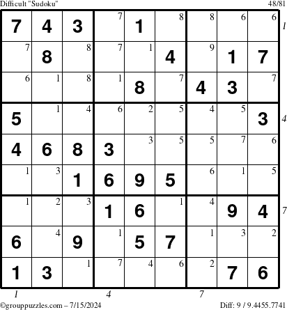 The grouppuzzles.com Difficult Sudoku puzzle for Monday July 15, 2024 with all 9 steps marked